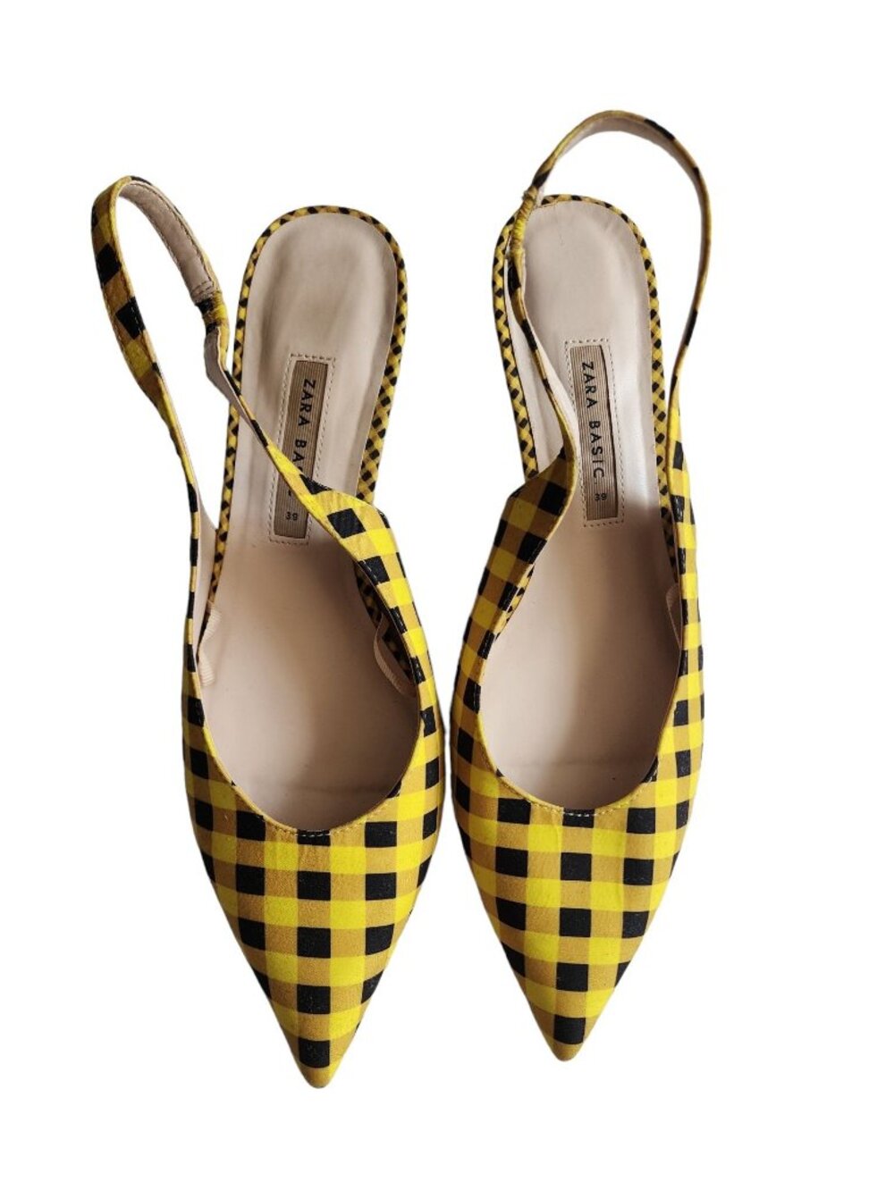 ZARA Women's Yellow/Black Gingham Slingback Pointed Toe Sandals Size 39 - Picture 4 of 11